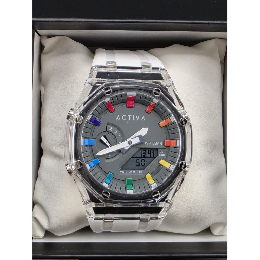 Activa Unisex Quartz Analog Digital Wristwatch Gray Dial White Silicone Band WR…